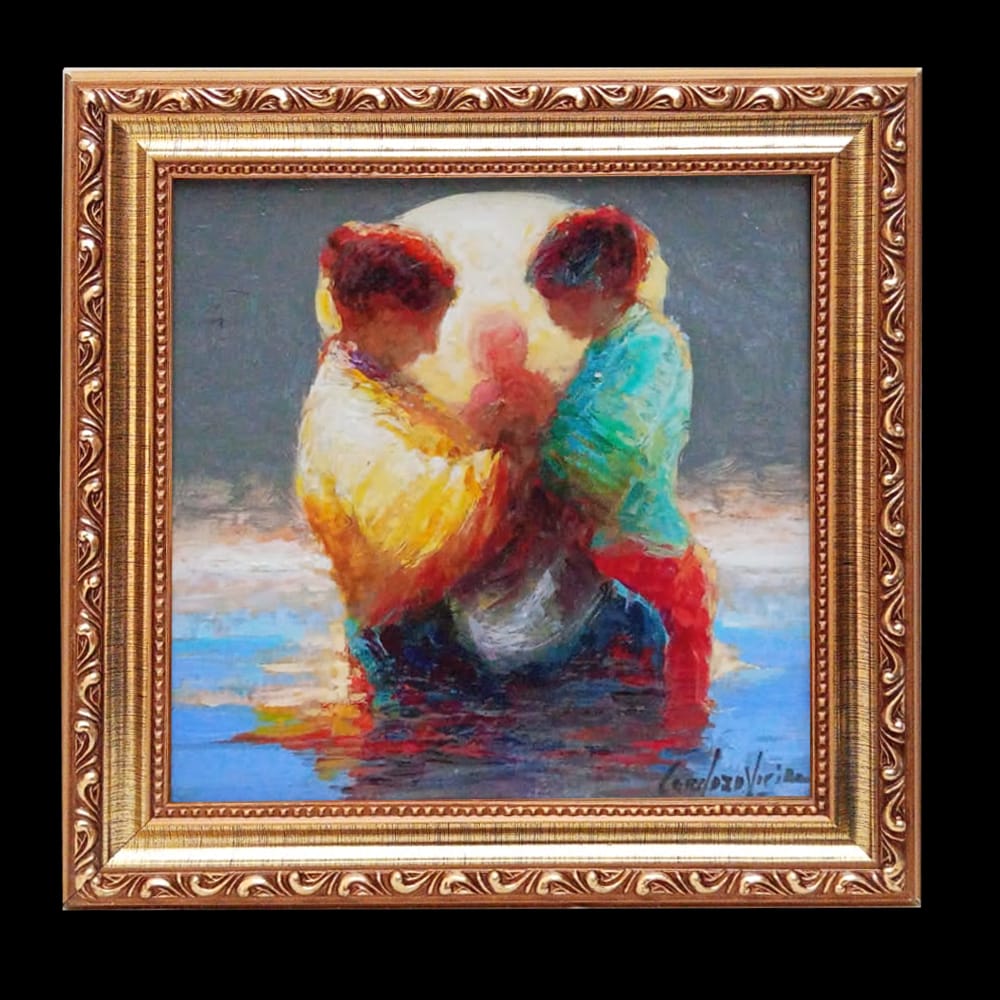 Pintura Laço Divino de Cardozo Vieira - Três gerações, avó mãe e neto na praia, arte sacra moderna